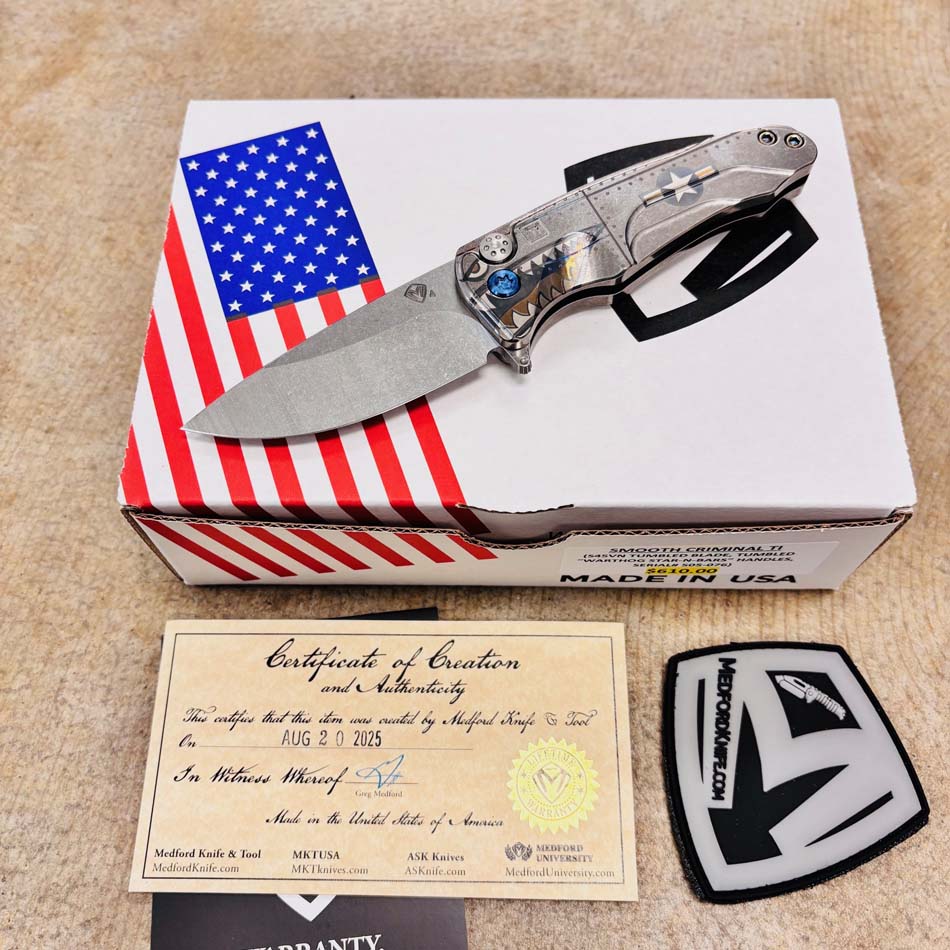Medford Smooth Criminal Ti S45VN 3" Tumbled Blade, Warthog Star-N-Bars Rivets Handles Knife Serial 505-076 - MKT Smooth Crim Ti Warthog 2
