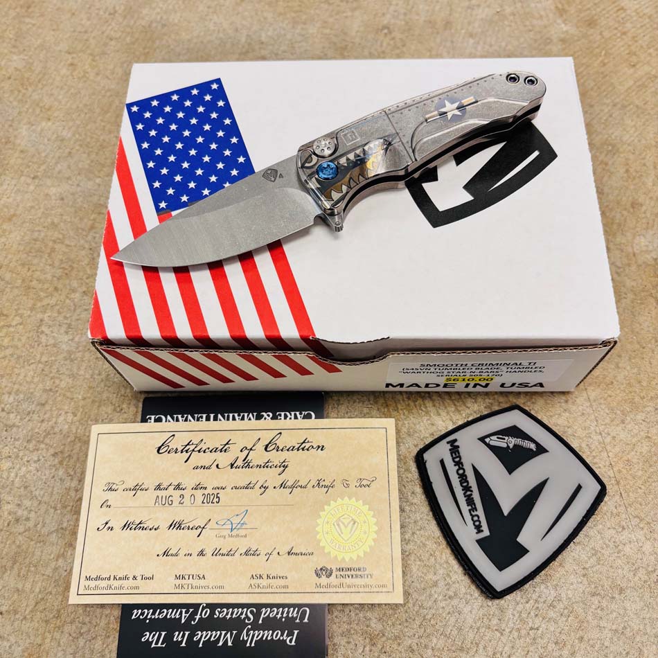Medford Smooth Criminal Ti S45VN 3" Tumbled Blade, Warthog Star-N-Bars Rivets Handles Knife Serial 505-170 - MKT Smooth Crim Ti Warthog