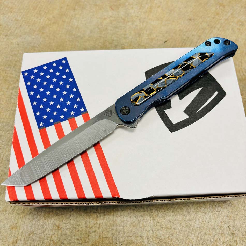 Medford T-Bone S45VN 4" Tumbled Tanto, Mosaic Inlay Blue Handle, Black Hardware Knife Serial 401-080 - MKT T-Bone Tanto Knife 2