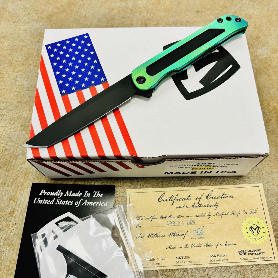 Medford T-Bone S45VN 4" DLC Tanto Blade, Green Black G10 Handles Knife Serial 308-032 - MKT T-Bone Tanto Knife 4