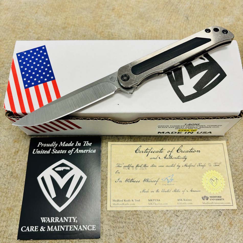 Medford T-Bone S45VN 4" Tumbled Drop Point, Black G10 Inlay Handle, Bronze Clip Folding Knife Serial 308-118 - MKT T-Bone Drop Point Black G10 Inlay Bronze Clip