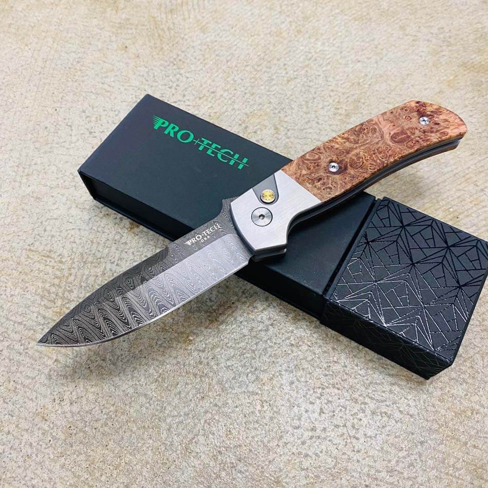Protech 2023 ATCF Custom 010 Terzuola 3.5" 416 SS Frame with 2 Tone Blasted and Satin Finish, Maple Burl Inlays, Mosaic Pin Push Button, 3D Ti Clip, Chad Nicholas Damascus Blade Auto Knife BLADE SHOW 2023