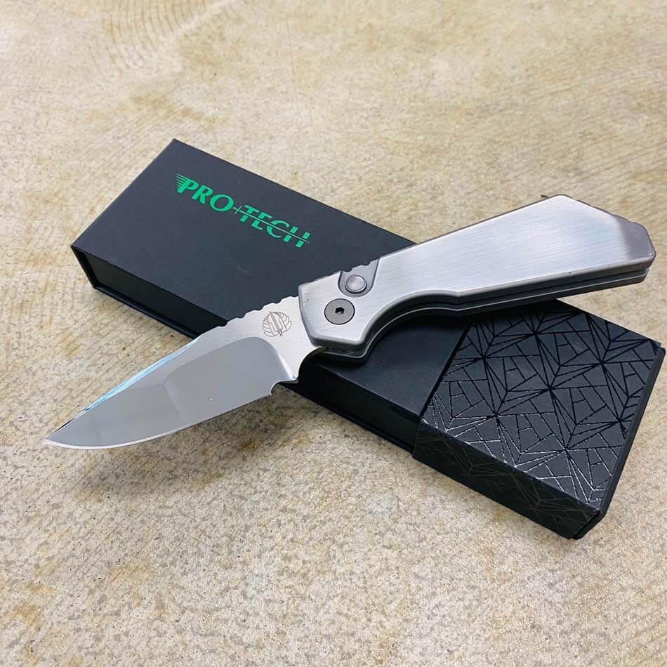 ProTech 2023 Strider PT+ Custom 005 Hand Satin/Blasted Chamfers 17-4 Stainless Steel Chassis, Black Lip Pearl Button, Mike Irie 154CM Blade Automatic Knife BLADE SHOW 2023