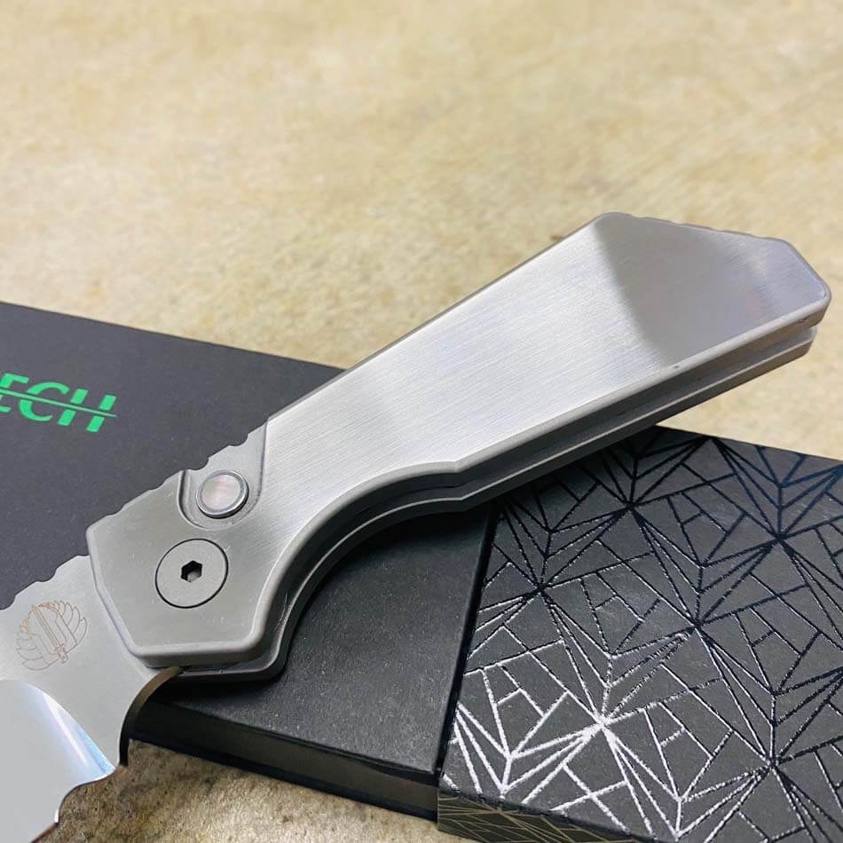 ProTech 2023 Strider PT+ Custom 005 Hand Satin/Blasted Chamfers 17-4 Stainless Steel Chassis, Black Lip Pearl Button, Mike Irie 154CM Blade Automatic Knife BLADE SHOW 2023 - Protech 2023 PT+ Custom 005 Knife