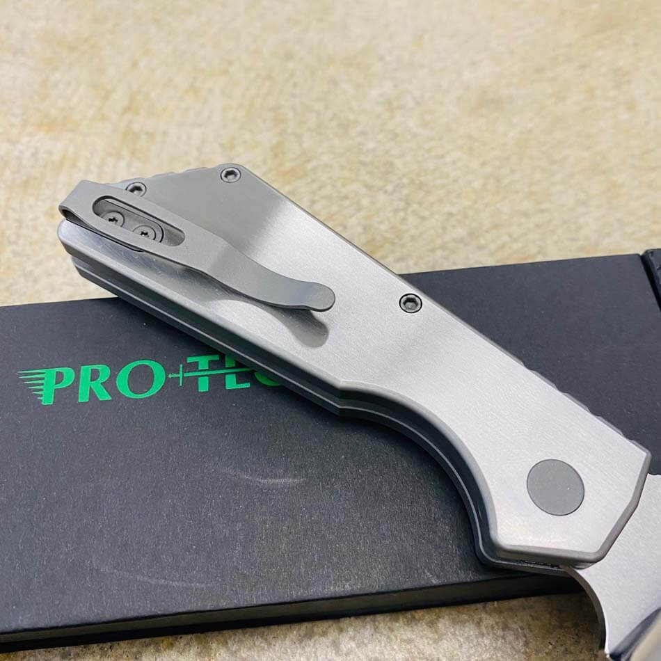 ProTech 2023 Strider PT+ Custom 005 Hand Satin/Blasted Chamfers 17-4 Stainless Steel Chassis, Black Lip Pearl Button, Mike Irie 154CM Blade Automatic Knife BLADE SHOW 2023 - Protech 2023 PT+ Custom 005 Knife