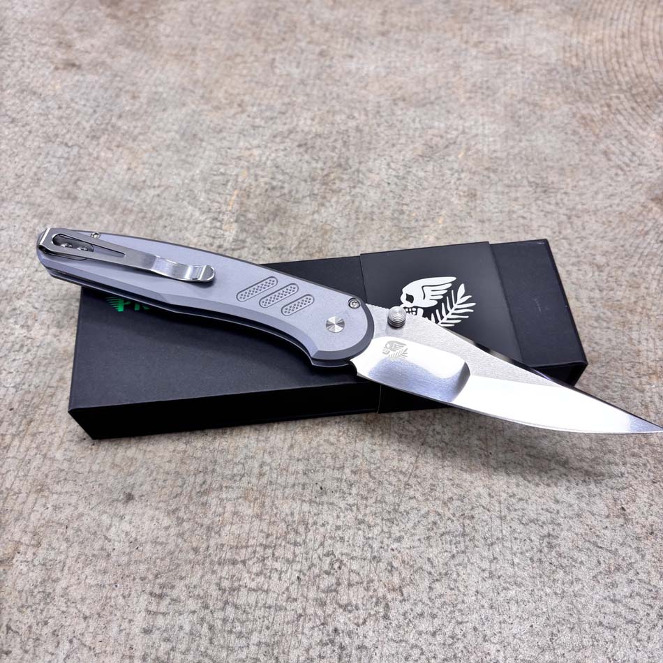 Protech 2026 Avalon Custom 004, Peace Neighbor Avalon, Knurled Grey Aluminum Handle, Mike Irie Compound Ground Mirror Polished 154CM Blade Knife - Protech 2026 Avalon Custom 004