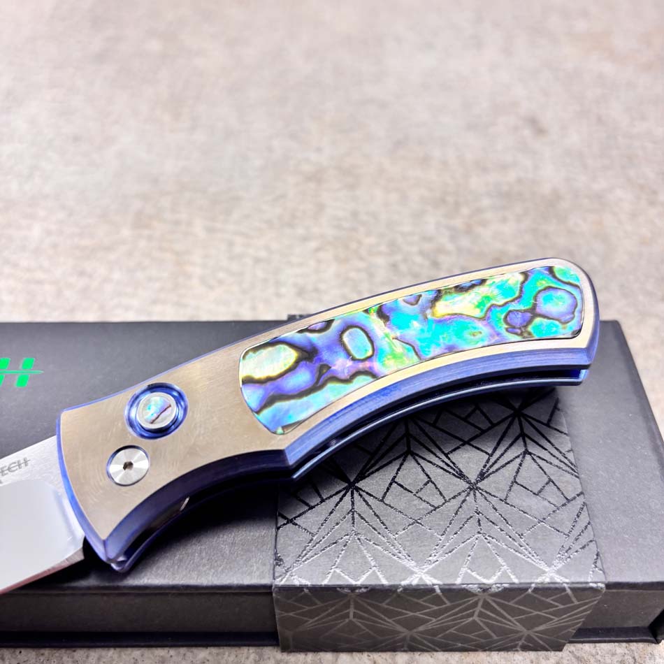 Protech 2026 Duke Custom 004, DUKE 2, 6AI4V Titanium Handle with 2-Tone Blue/Gold Anodize,Chad Nichols Raindrop Damascus Blade Knife - Protech 2026 Duke Custom 004 Knife