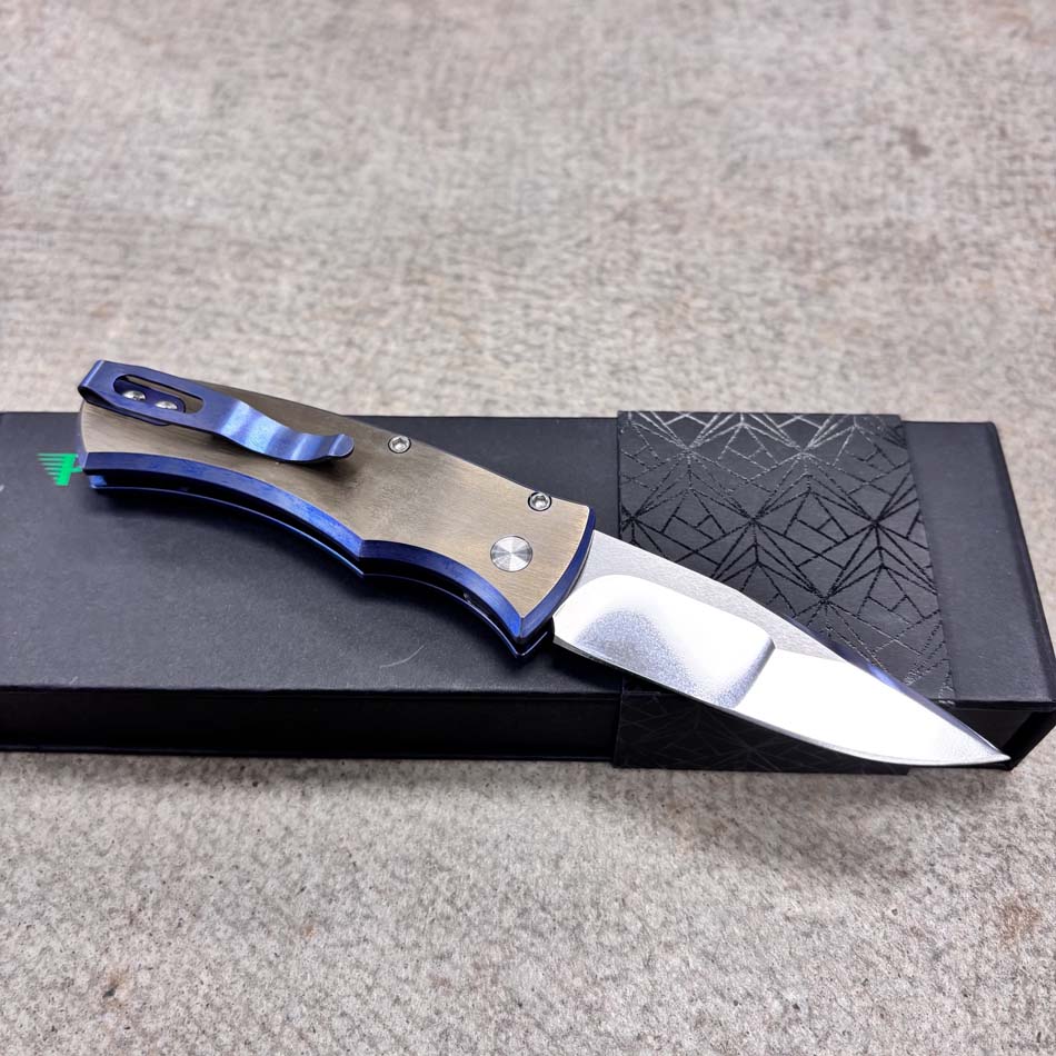 Protech 2026 Duke Custom 004, DUKE 2, 6AI4V Titanium Handle with 2-Tone Blue/Gold Anodize,Chad Nichols Raindrop Damascus Blade Knife - Protech 2026 Duke Custom 004 Knife
