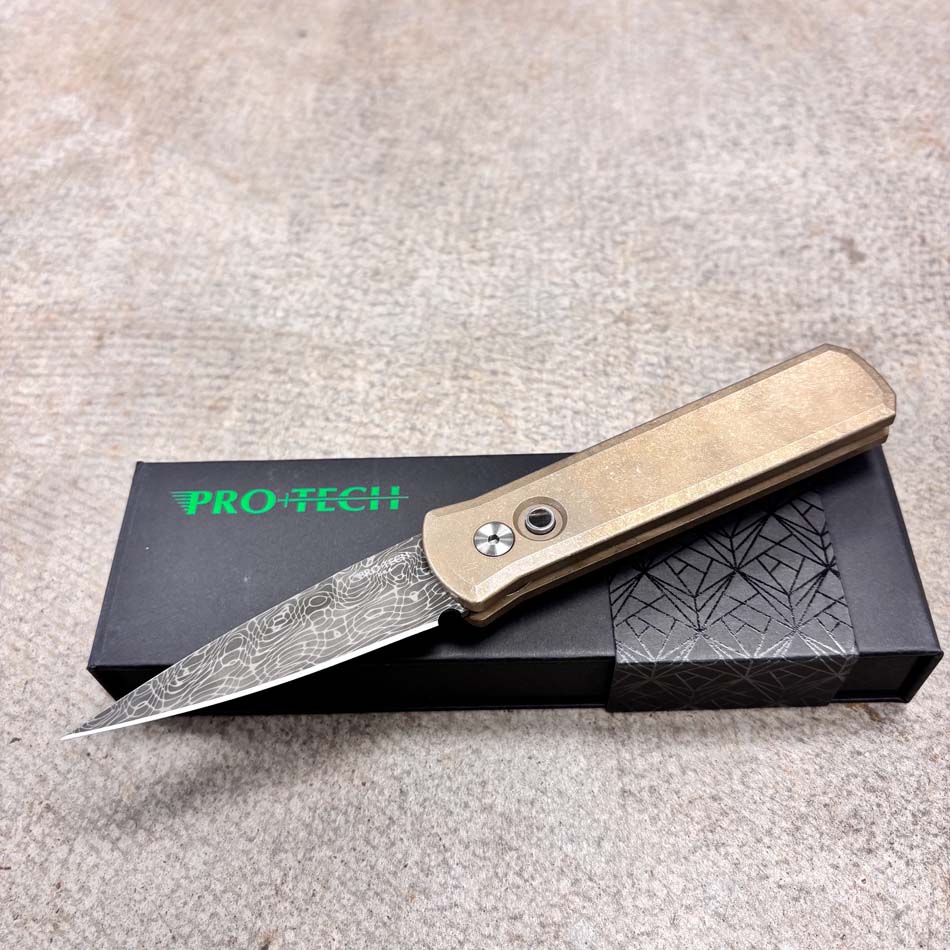 Protech 2026 Godson Custom 007, Godson Auto Stonewash ALBronze Handle, Vegas Forge "Vines and Roses" Stainless Damascus Blade, Knife - Protech 2026 Godson Custom 007