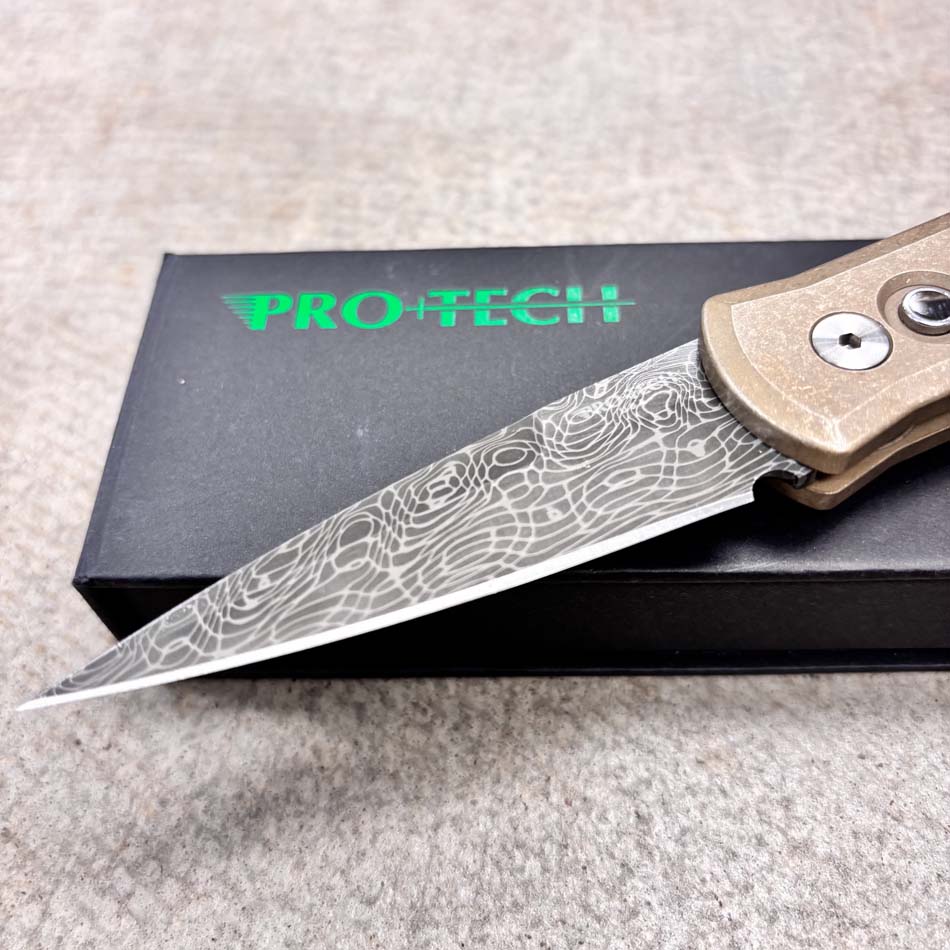 Protech 2026 Godson Custom 007, Godson Auto Stonewash ALBronze Handle, Vegas Forge "Vines and Roses" Stainless Damascus Blade, Knife - Protech 2026 Godson Custom 007