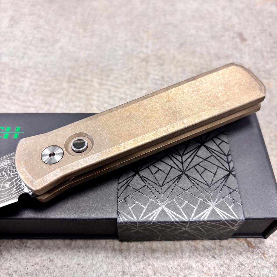 Protech 2026 Godson Custom 007, Godson Auto Stonewash ALBronze Handle, Vegas Forge "Vines and Roses" Stainless Damascus Blade, Knife - Protech 2026 Godson Custom 007
