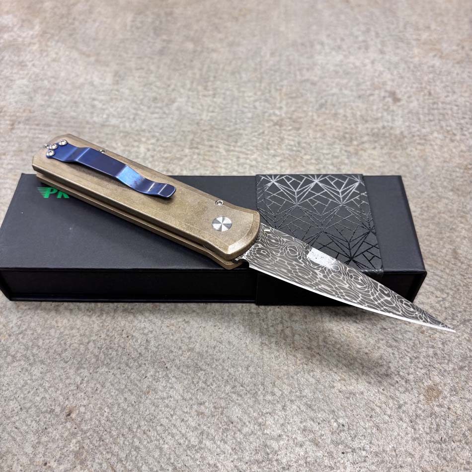 Protech 2026 Godson Custom 007, Godson Auto Stonewash ALBronze Handle, Vegas Forge "Vines and Roses" Stainless Damascus Blade, Knife - Protech 2026 Godson Custom 007