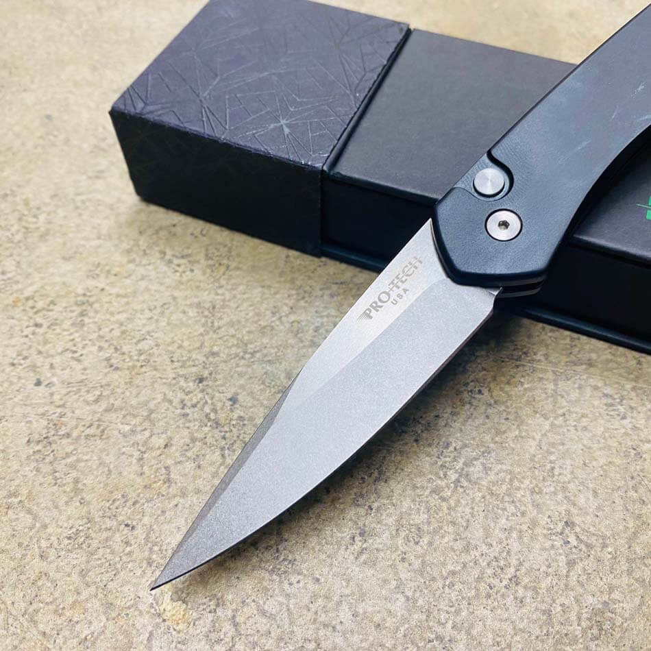 PROTECH 3405 Newport 3" Stonewash Blade Black Handle Plain Edge Auto Knife - 3405