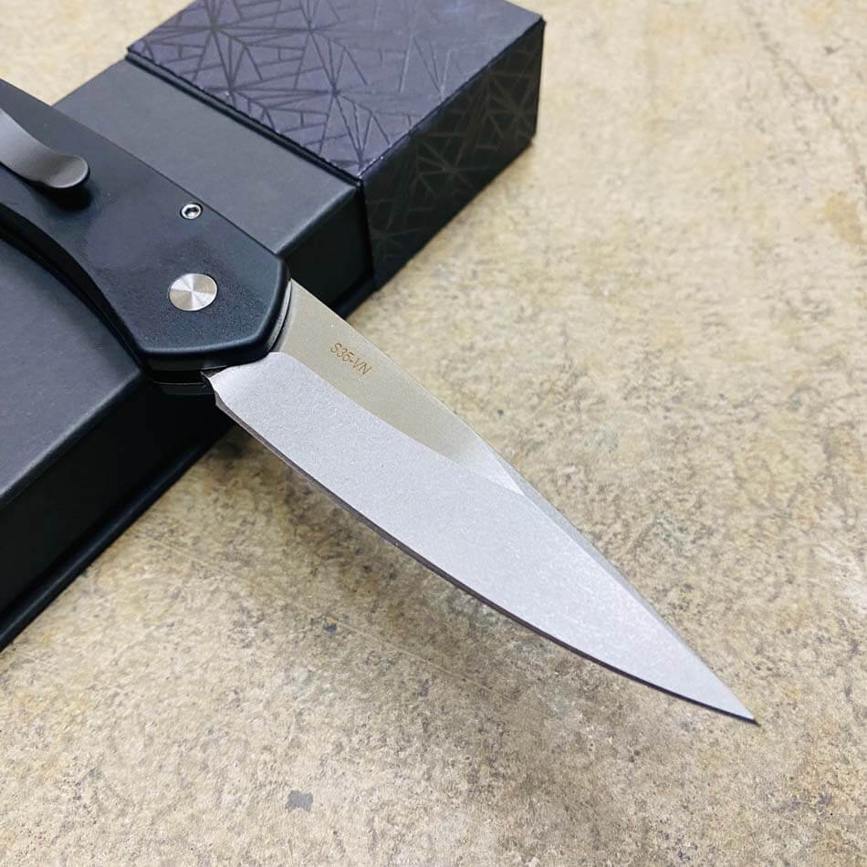 PROTECH 3405 Newport 3" Stonewash Blade Black Handle Plain Edge Auto Knife - 3405