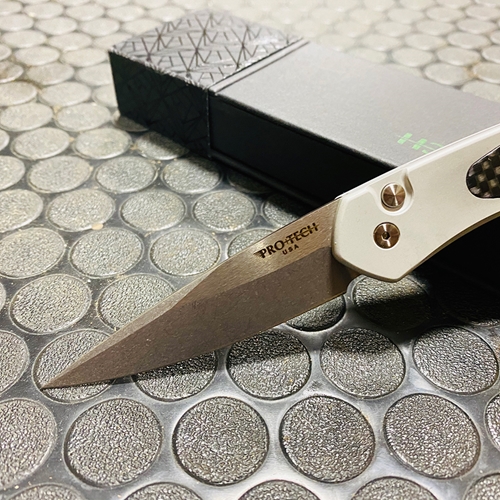 PROTECH 3410 Newport 3" Stonewash Blade Silver Handle Carbon Fiber Automatic Knife - 3410