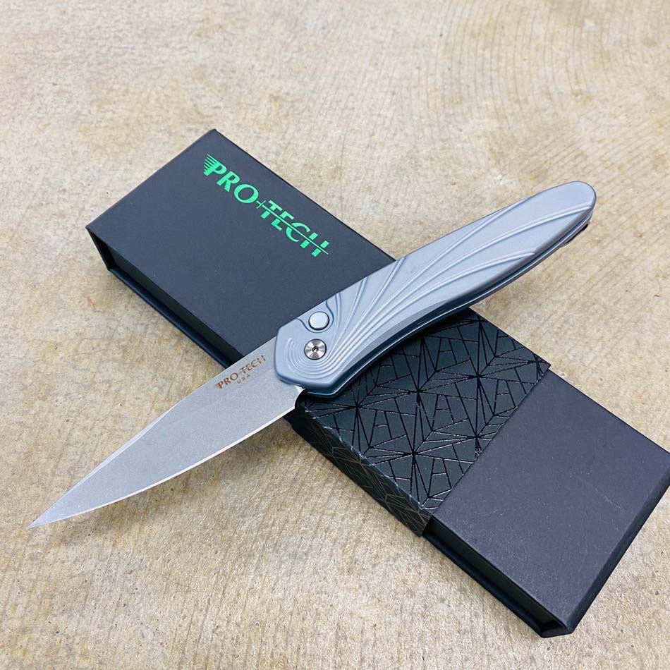 PROTECH 3436-GREY Newport 3" Special Gray Handle with 3D Wave Pattern, Mother of Pearl Button, Stonewash Blade Auto Knife - 3436-GREY