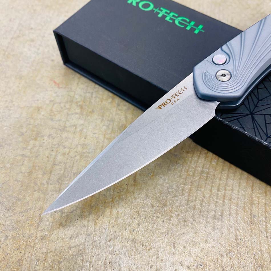 PROTECH 3436-GREY Newport 3" Special Gray Handle with 3D Wave Pattern, Mother of Pearl Button, Stonewash Blade Auto Knife - 3436-GREY