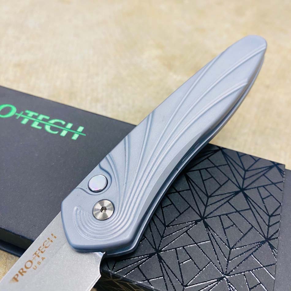 PROTECH 3436-GREY Newport 3" Special Gray Handle with 3D Wave Pattern, Mother of Pearl Button, Stonewash Blade Auto Knife - 3436-GREY