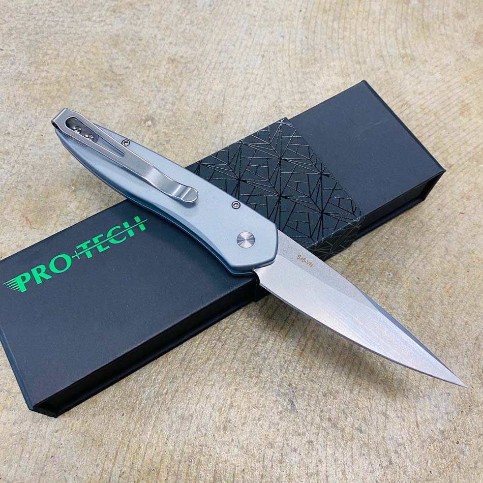 PROTECH 3436-GREY Newport 3" Special Gray Handle with 3D Wave Pattern, Mother of Pearl Button, Stonewash Blade Auto Knife - 3436-GREY