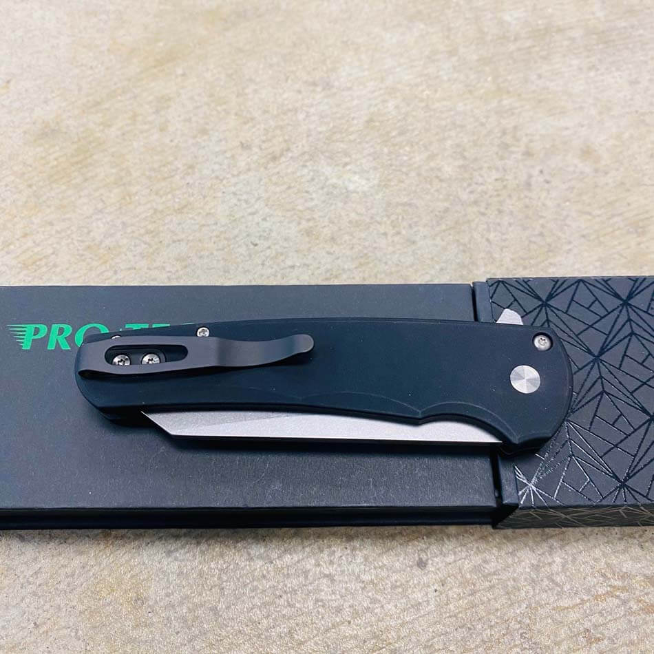 Protech 5201 Malibu Solid BLACK Handle, Black Deep Carry Clip, Stonewash Reverse Tanto 20CV Blade, 3.25" Plain Edge Knife - 5201