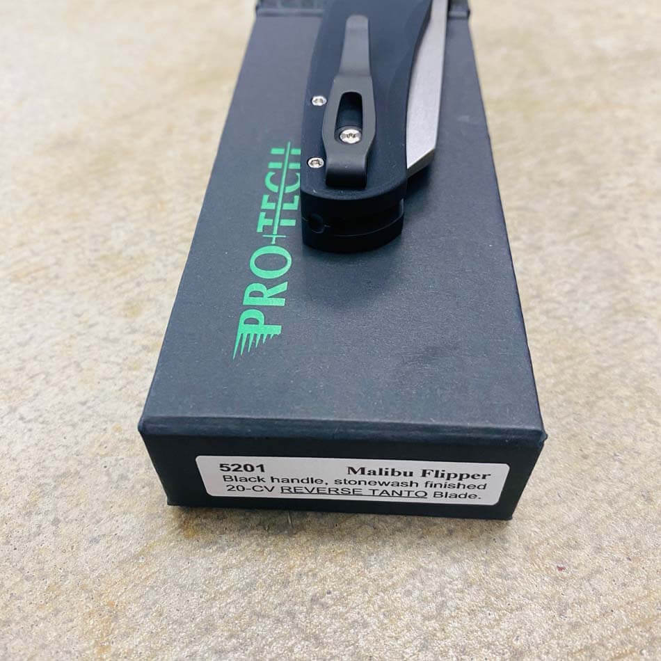 Protech 5201 Malibu Solid BLACK Handle, Black Deep Carry Clip, Stonewash Reverse Tanto 20CV Blade, 3.25" Plain Edge Knife - 5201