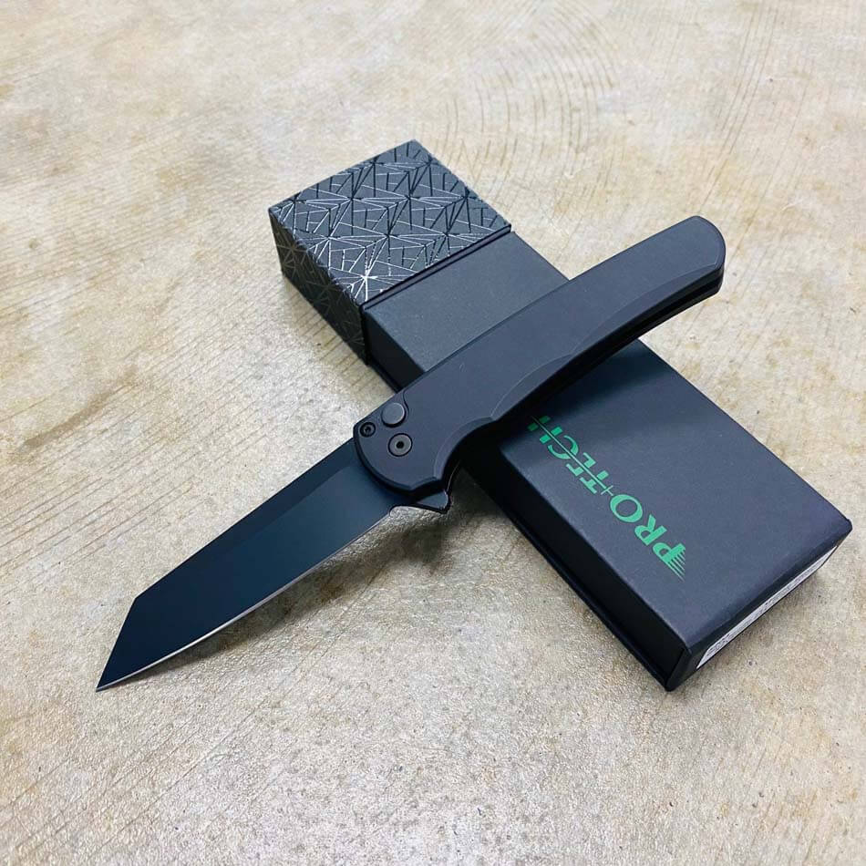 Protech 5203 Malibu Solid BLACK Handle, Black Hardware, Black Deep Carry Clip, DLC Black Reverse Tanto 20CV Blade, 3.25" Plain Edge Knife