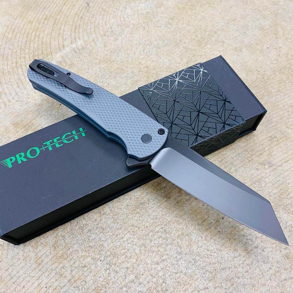 Protech 5206-GREY Malibu Solid GREY Textured Handles CPM-20CV DLC Reverse Tanto Blade Folding Knife BLADE SHOW 2023 - 5206-GREY