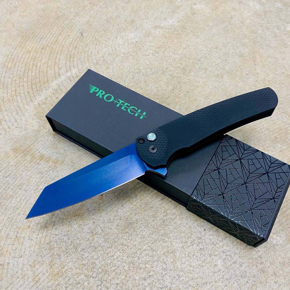 Protech 5206-SWB Malibu Textured Black Handles, Black Deep Carry Clip, Sapphire Blue Reverse Tanto 20CV Blade, 3.25" Plain Edge Knife