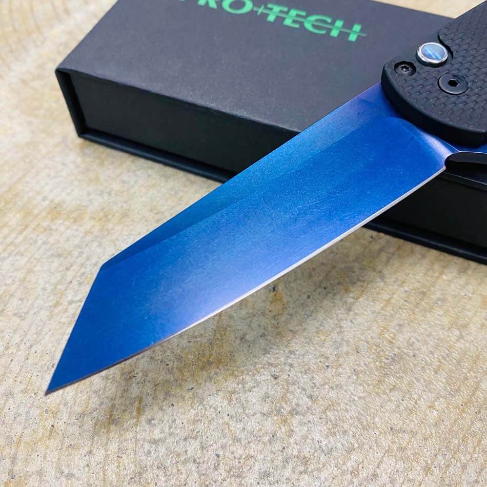 Protech 5206-SWB Malibu Textured Black Handles, Black Deep Carry Clip, Sapphire Blue Reverse Tanto 20CV Blade, 3.25" Plain Edge Knife BLADE SHOW 2023 - 5206-SWB