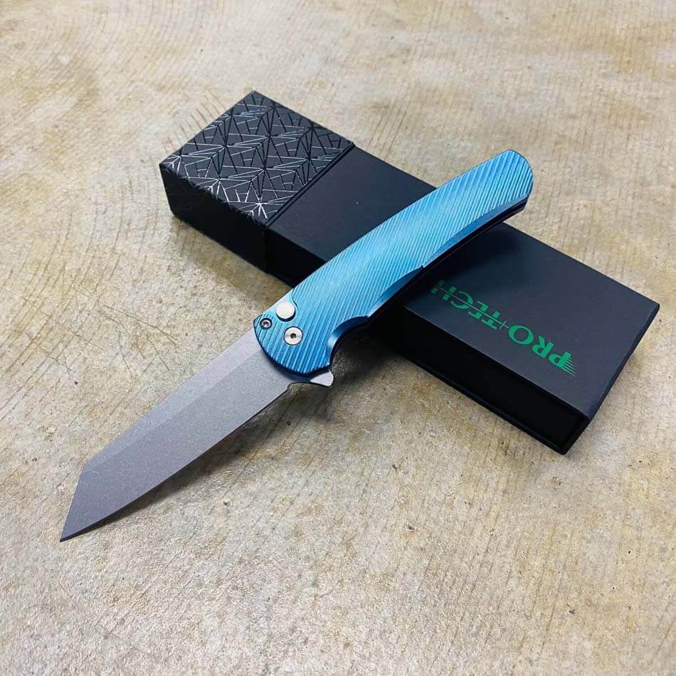 PROTECH 5142 3D Machined Sculpted Titanium Frame, Mother of Pearl Push Button, Stonewash Reverse Tanto Blade Knife