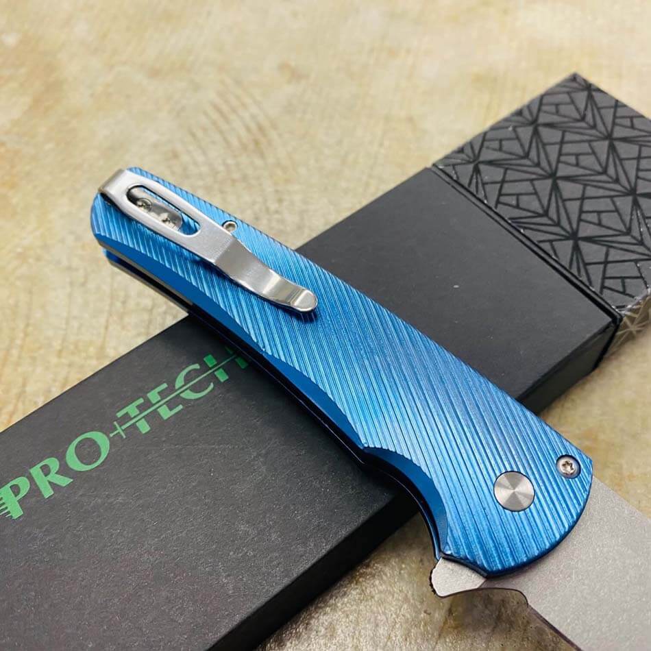 PROTECH 5241 3D Machined Sculpted Titanium Frame, Mother of Pearl Push Button, Stonewash Reverse Tanto Blade Knife - 5241