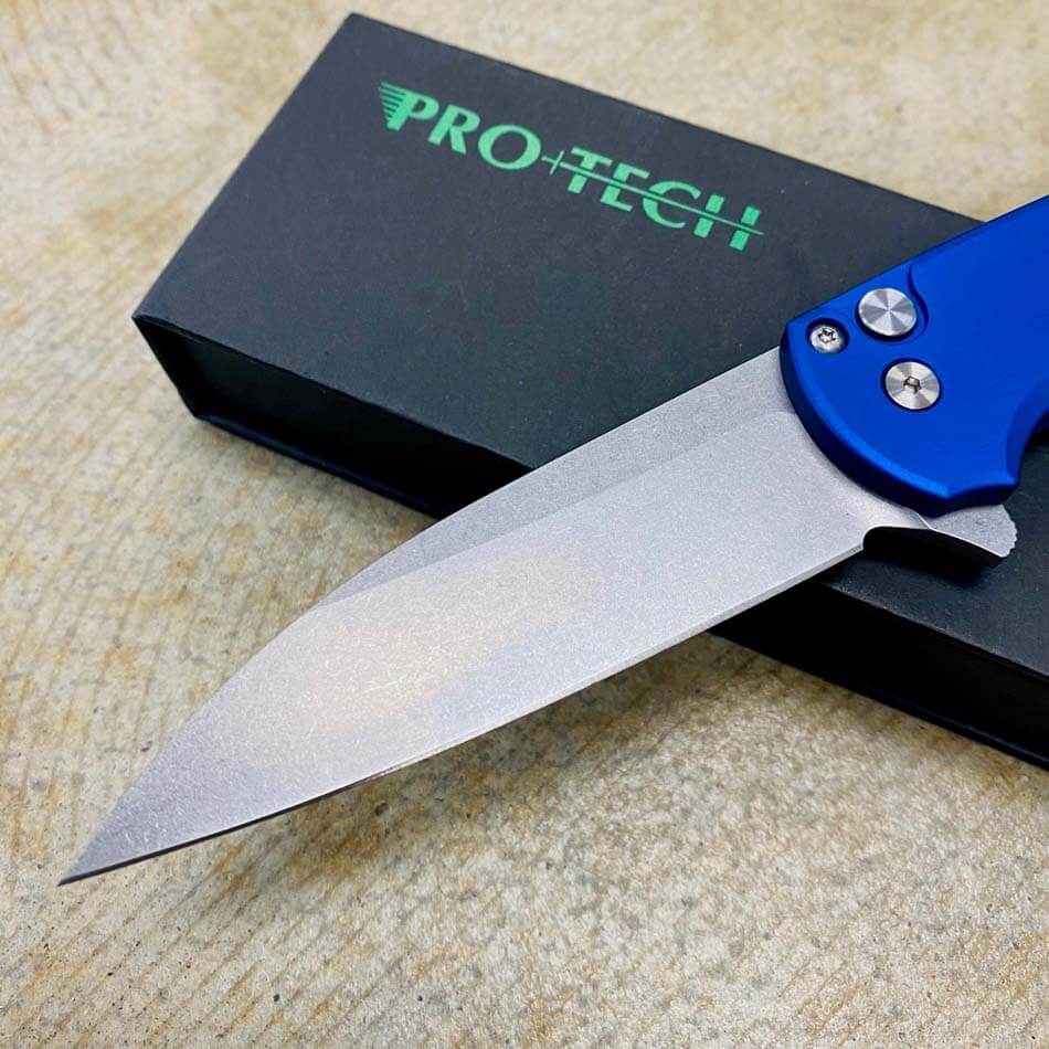 Protech 5301-BLUE Malibu Solid BLUE Handles, Deep Carry Clip, Stonewash Wharncliffe Magnacut Blade, 3.25" Plain Edge Knife - 5301-BLUE