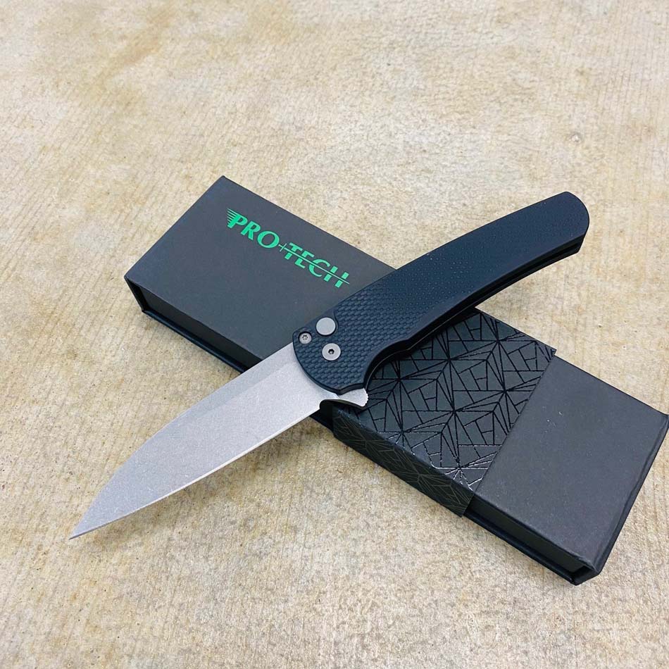 Protech 5305 Malibu Magnacut Wharncliffe 3.3" Stonewash Flipper Textured Black Knife
