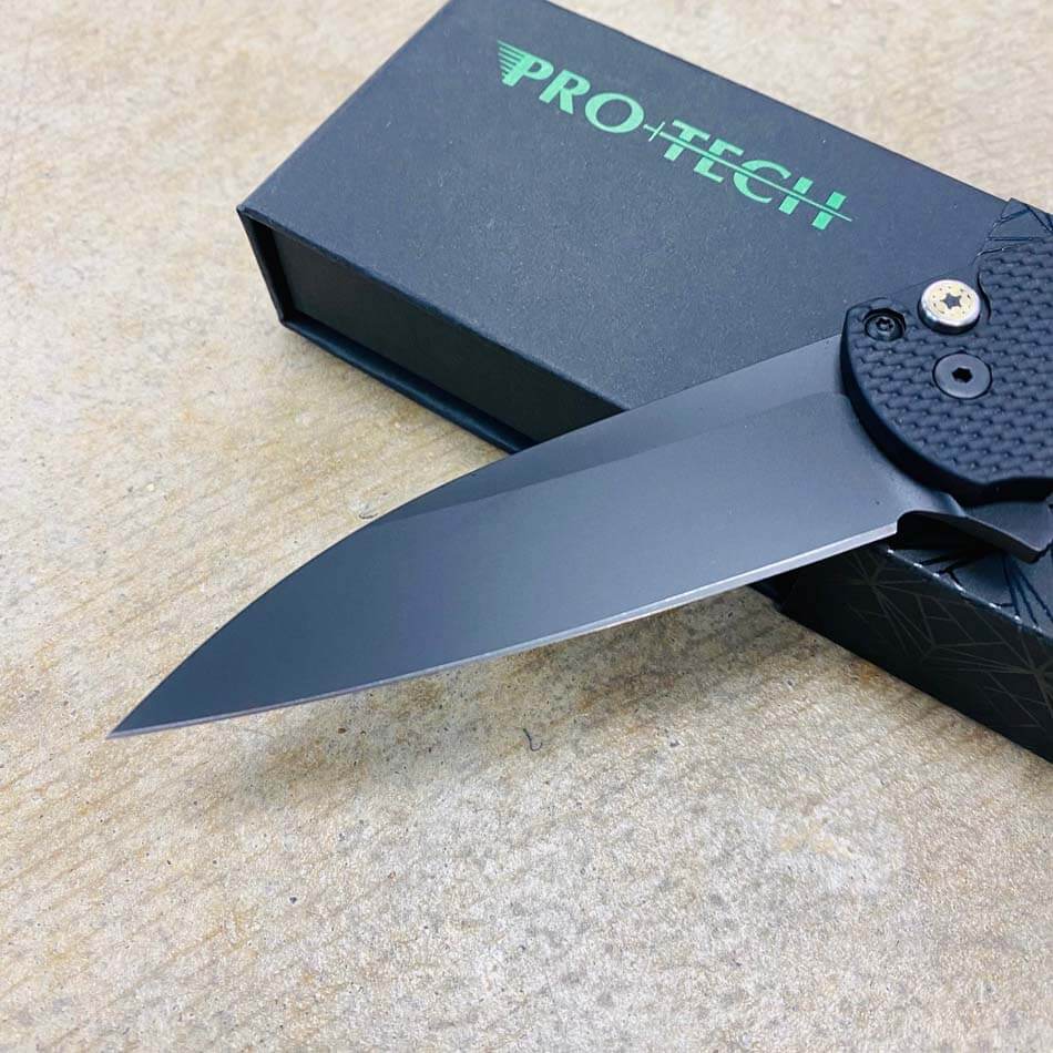Protech 5306 Malibu Solid BLACK Textured Handle, DLC Black Magnacut Blade, Mosaic Button Folding Knife BLADE SHOW 2023 - Protech 5306 Malibu Knife