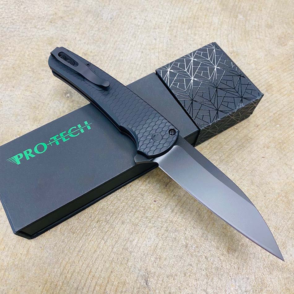 Protech 5336 Malibu Magnacut Wharncliffe 3.3" DLC Black Blade, Flipper Dragon Scale Black Handle with all Black Hardware Knife - 5336