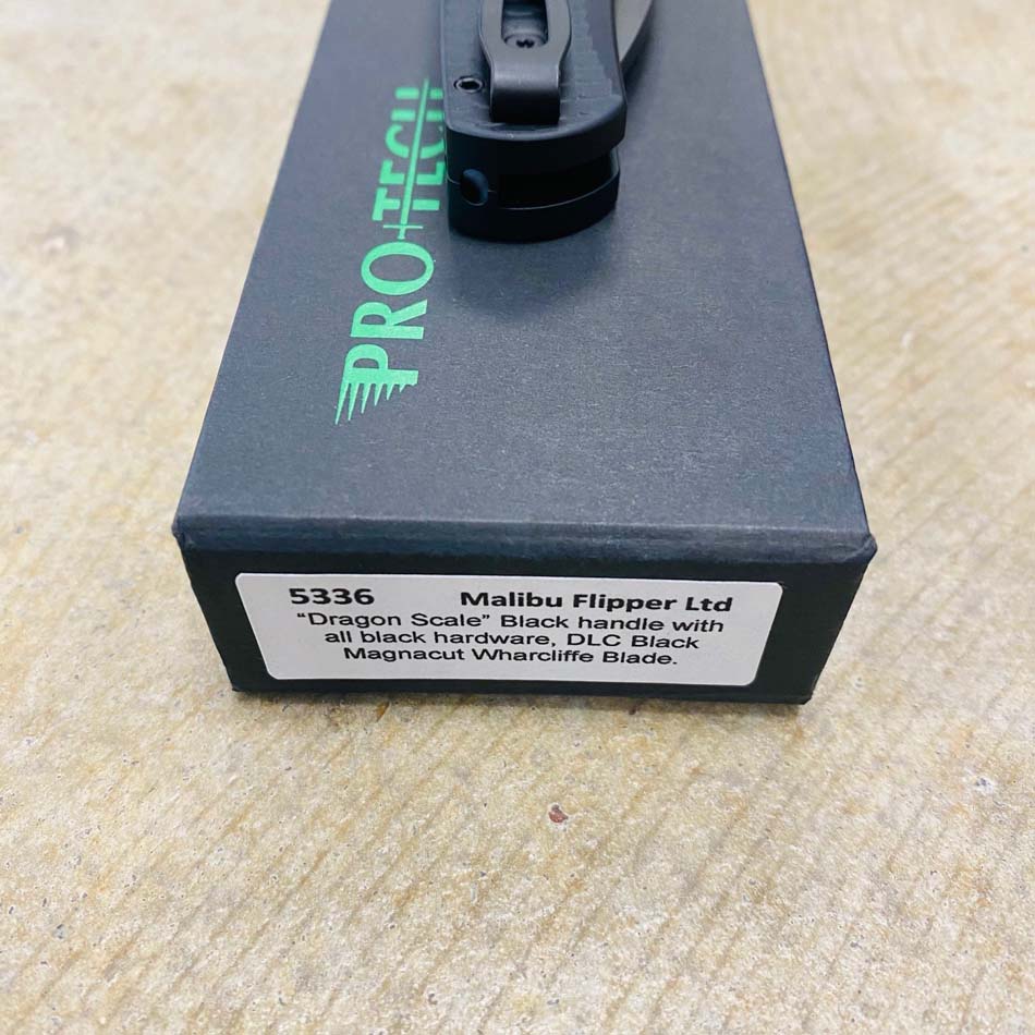 Protech 5336 Malibu Magnacut Wharncliffe 3.3" DLC Black Blade, Flipper Dragon Scale Black Handle with all Black Hardware Knife - 5336