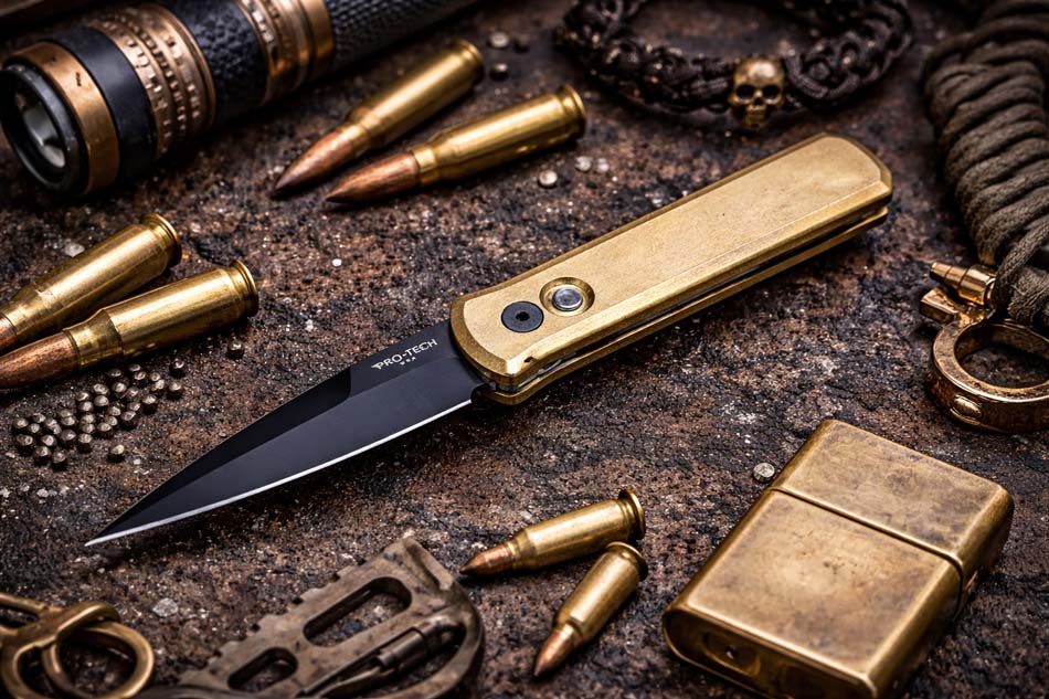 PROTECH 7112 Godson 3.15" LIMITED Stonewash Solid Bronze AL Handle DLC Black Blade Mother of Pearl Button Auto Knife  - 7112