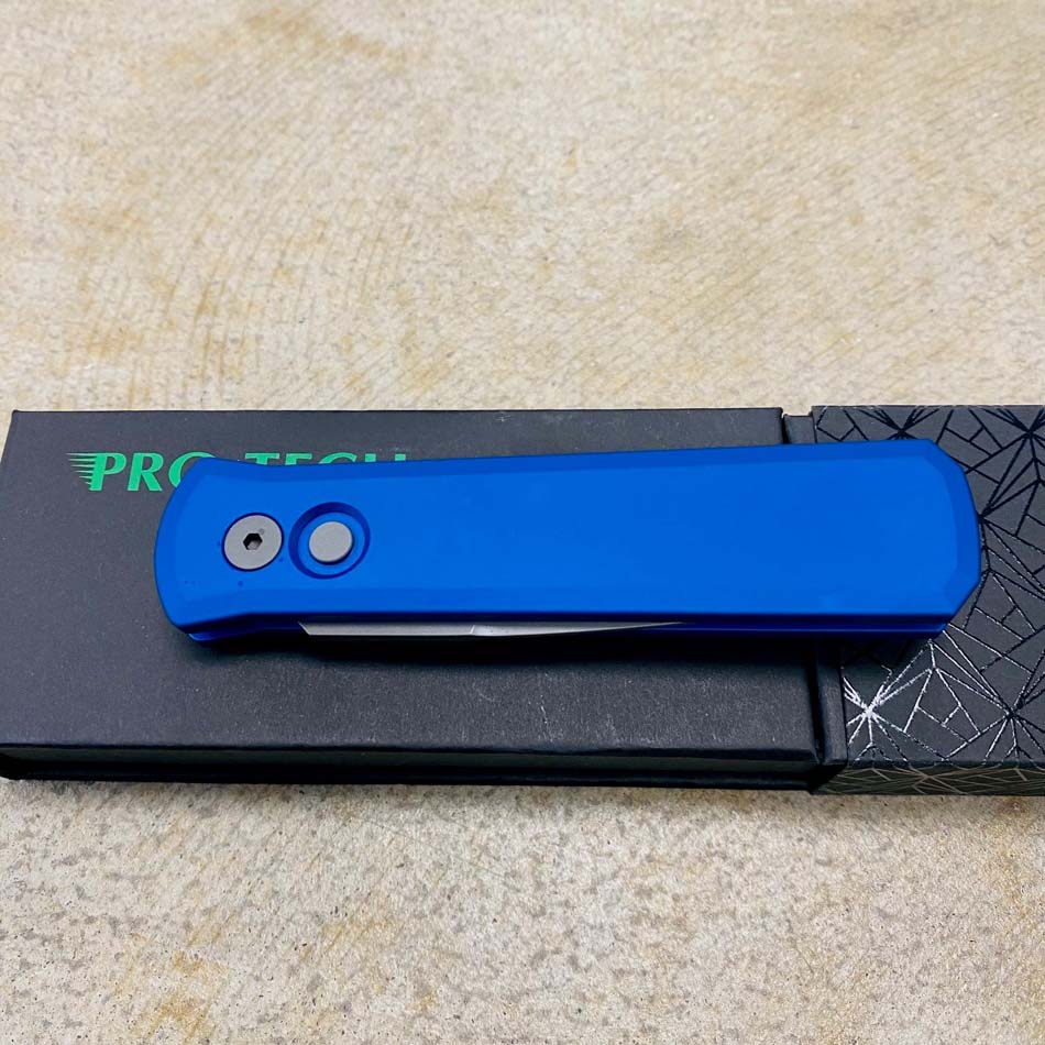Protech 720-BLUE Godson 3.15" Bead Blasted Blade Blue Handles Deep Carry Clip Auto Knife - 720-BLUE