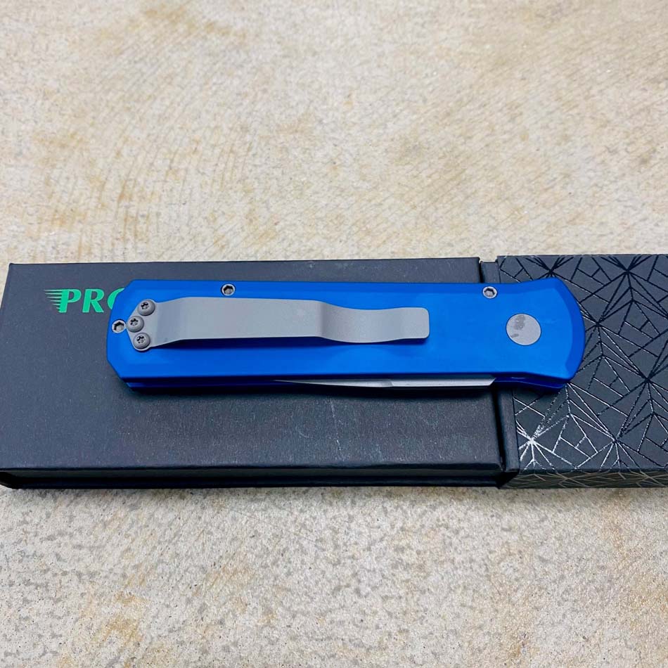 Protech 720-BLUE Godson 3.15" Bead Blasted Blade Blue Handles Deep Carry Clip Auto Knife - 720-BLUE