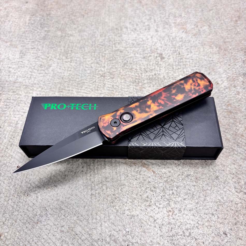 Protech 721 DF2 Godson, Del Fuego Custom Anodized Handle, DLC Black 154CM Blade, Black Lip Pearl Button, Knife - Protech 721 DF2 knife