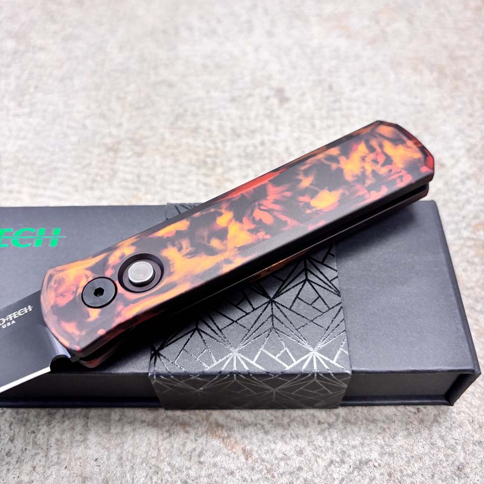 Protech 721 DF2 Godson, Del Fuego Custom Anodized Handle, DLC Black 154CM Blade, Black Lip Pearl Button, Knife - Protech 721 DF2 knife