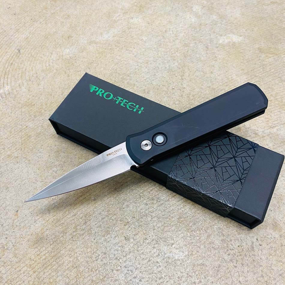 Protech 721-LTD Limited Godson 3.15" Solid Black Handles Satin Blade Pearl Button Automatic Knife