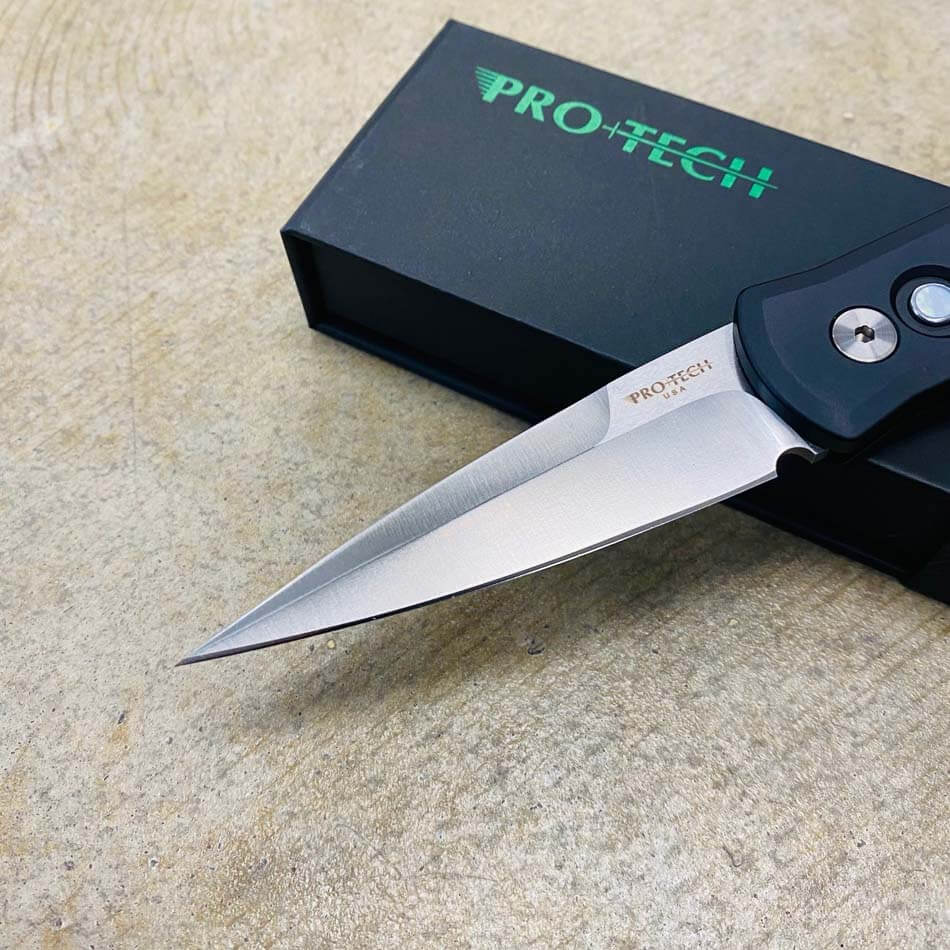 Protech 721-LTD Limited Godson 3.15" Solid Black Handles Satin Blade Pearl Button Automatic Knife - 721-LTD