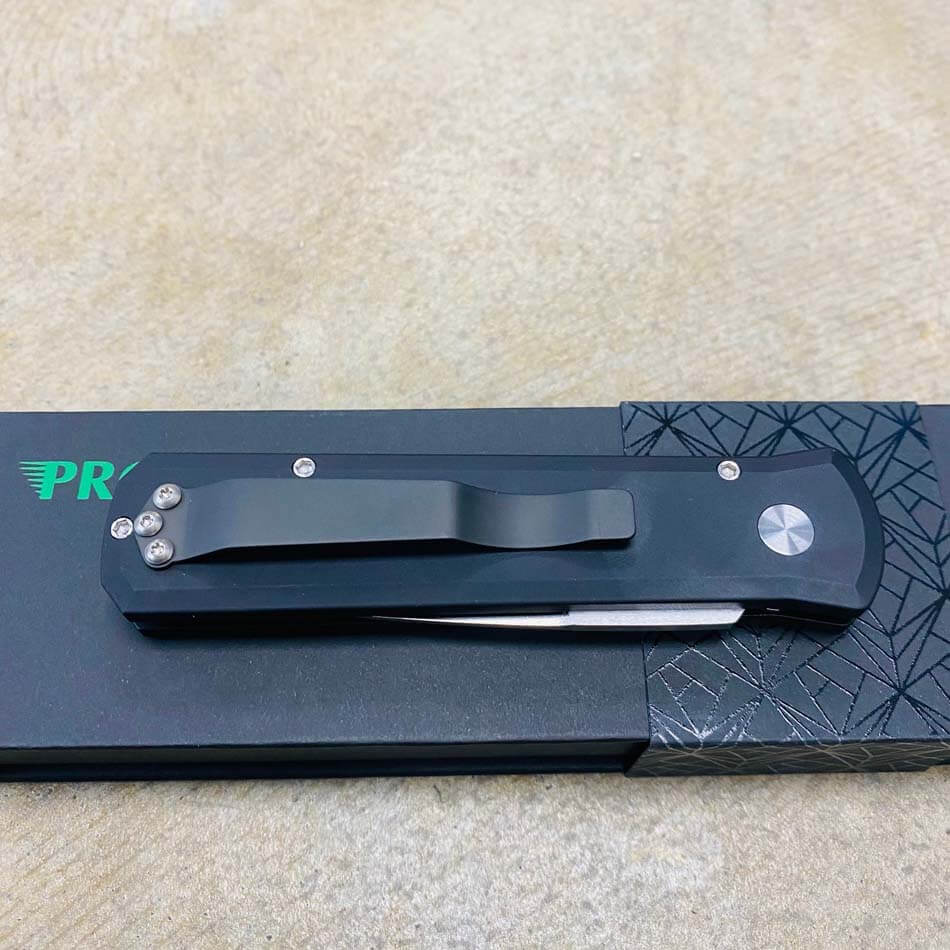Protech 721-LTD Limited Godson 3.15" Solid Black Handles Satin Blade Pearl Button Automatic Knife - 721-LTD