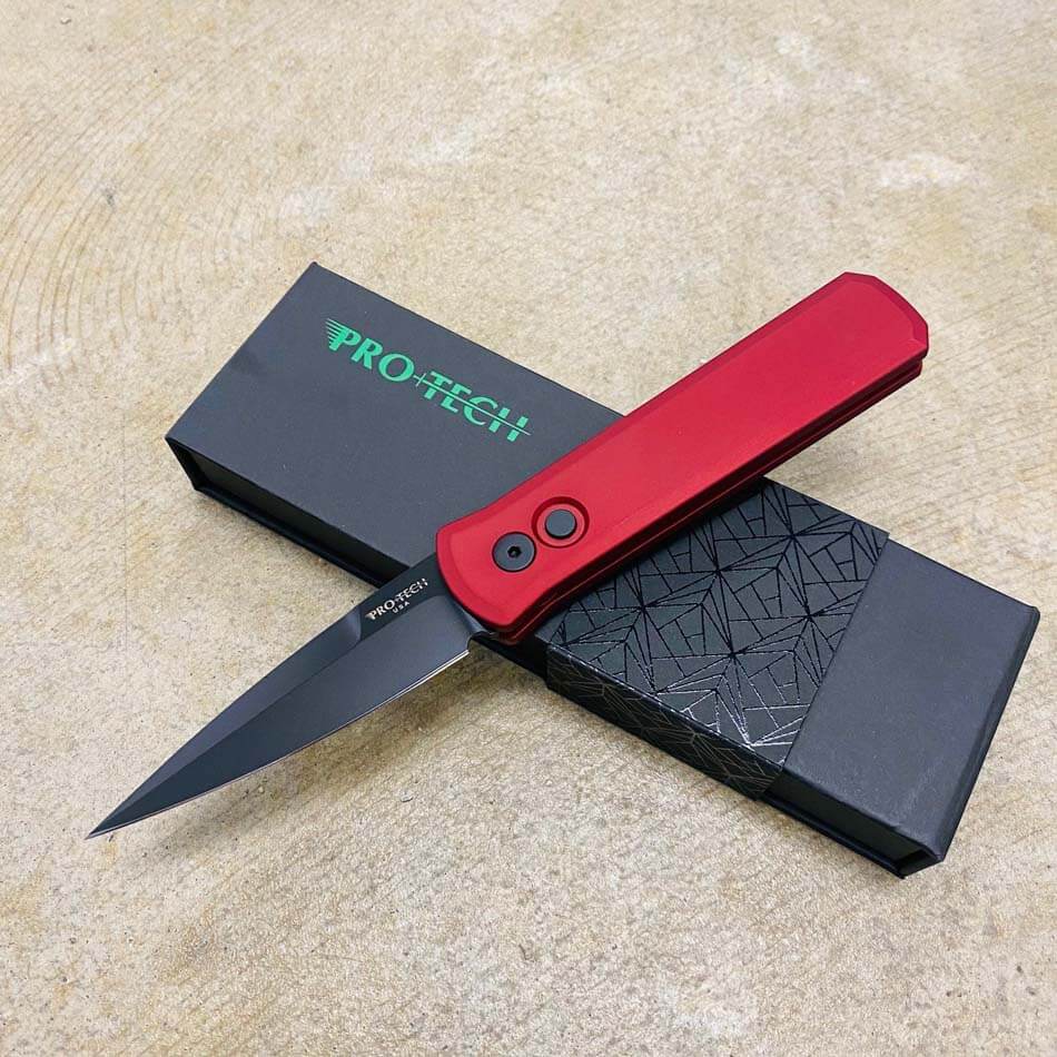 Protech 721-RED Godson 3.15" Solid Red Handles Black Blade Plain Edge Automatic Knife Protech 721-RED Godson 3.15" Solid Red Handles Black Blade Plain Edge Automatic Knife