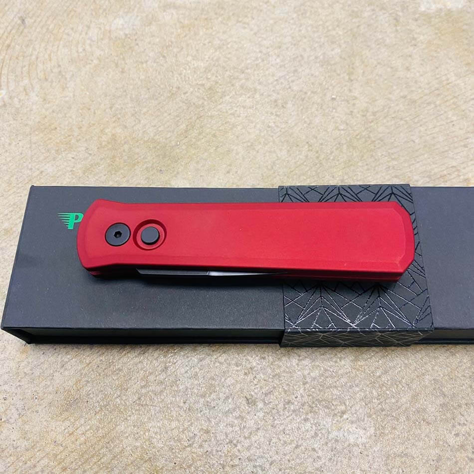 Protech 721-RED Godson 3.15" Solid Red Handles Black Blade Plain Edge Automatic Knife - 721-RED
