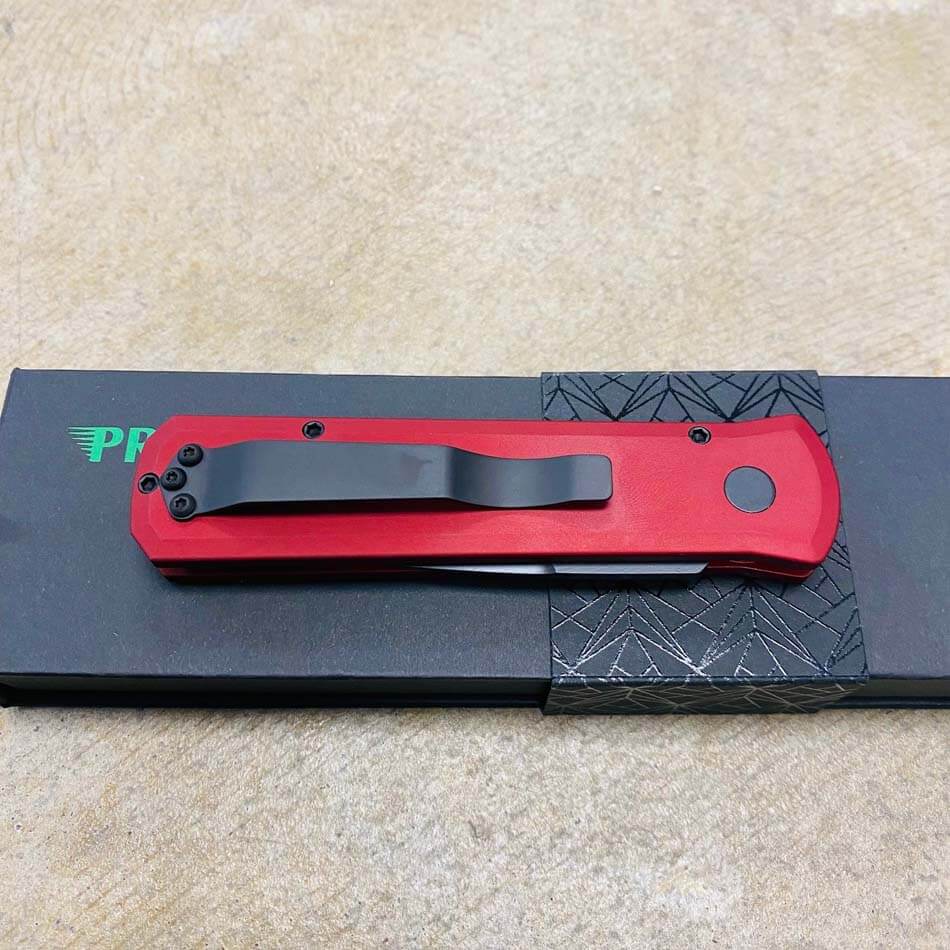 Protech 721-RED Godson 3.15" Solid Red Handles Black Blade Plain Edge Automatic Knife - 721-RED