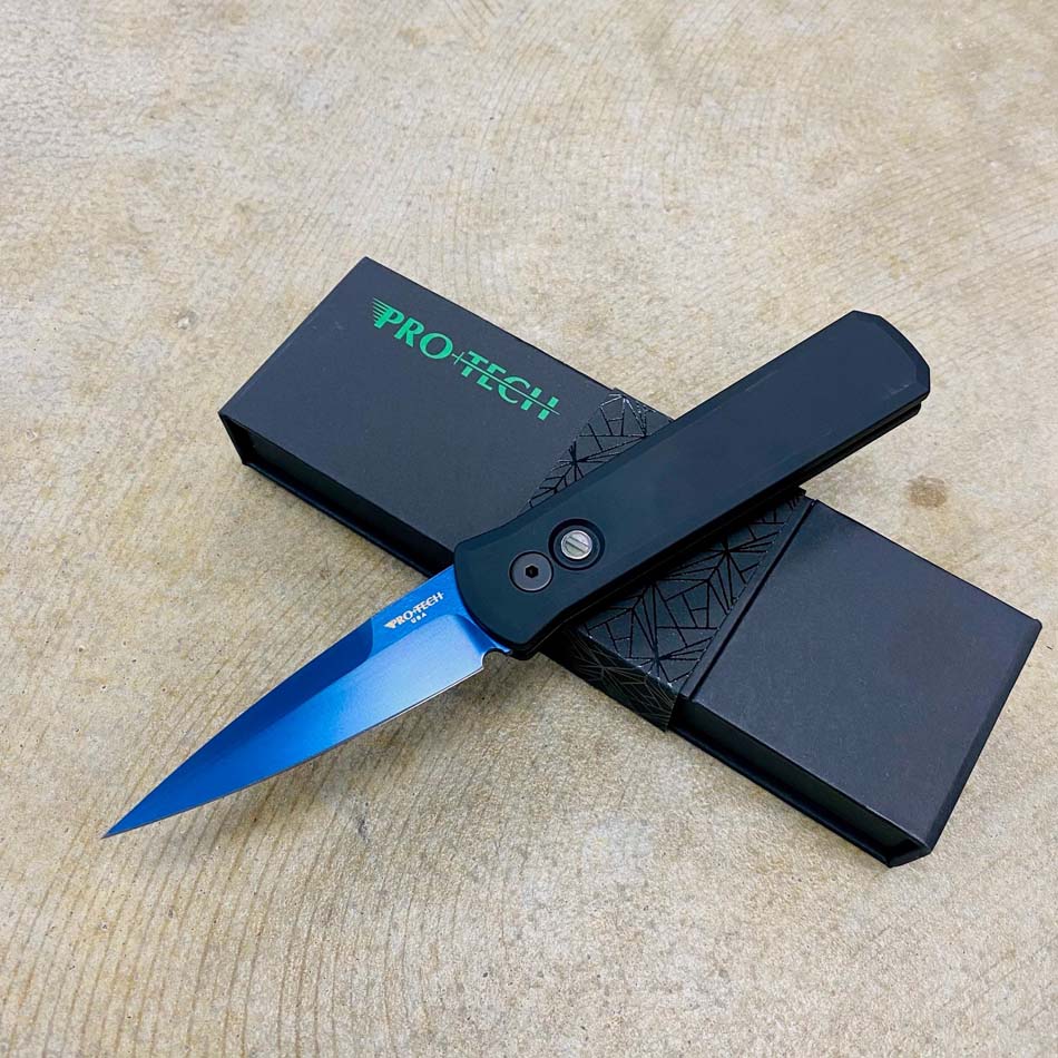 Protech 721-SB Godson 3.15" Sapphire Blue Blade, Solid Black Handles, Abalone Button, Automatic Knife