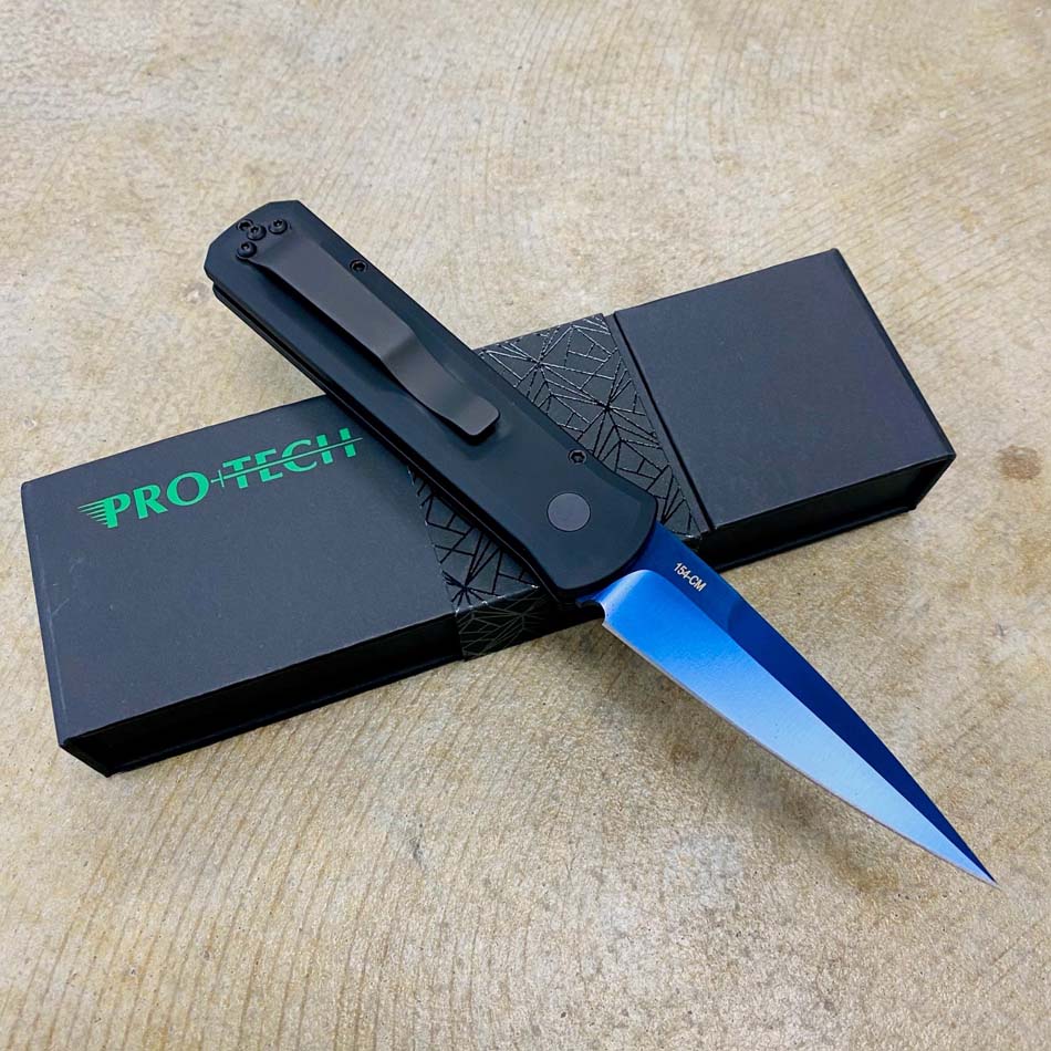 Protech 721-SB Godson 3.15" Sapphire Blue Blade, Solid Black Handles, Abalone Button, Automatic Knife - 721-SB