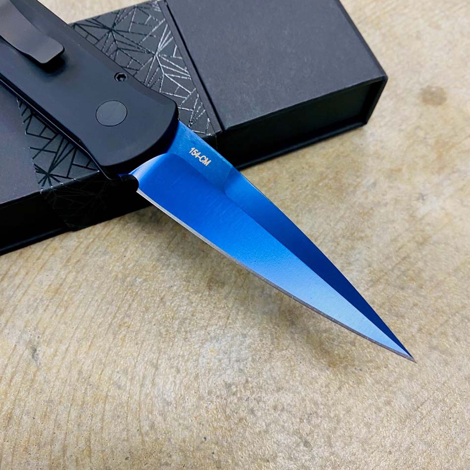 Protech 721-SB Godson 3.15" Sapphire Blue Blade, Solid Black Handles, Abalone Button, Automatic Knife - 721-SB